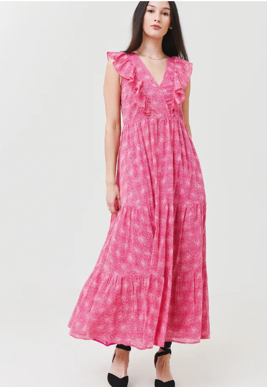 Banjanan Orion Maxi Dress Women's Medium Fuchsia Pink Floral Ruffle Cotton Voile